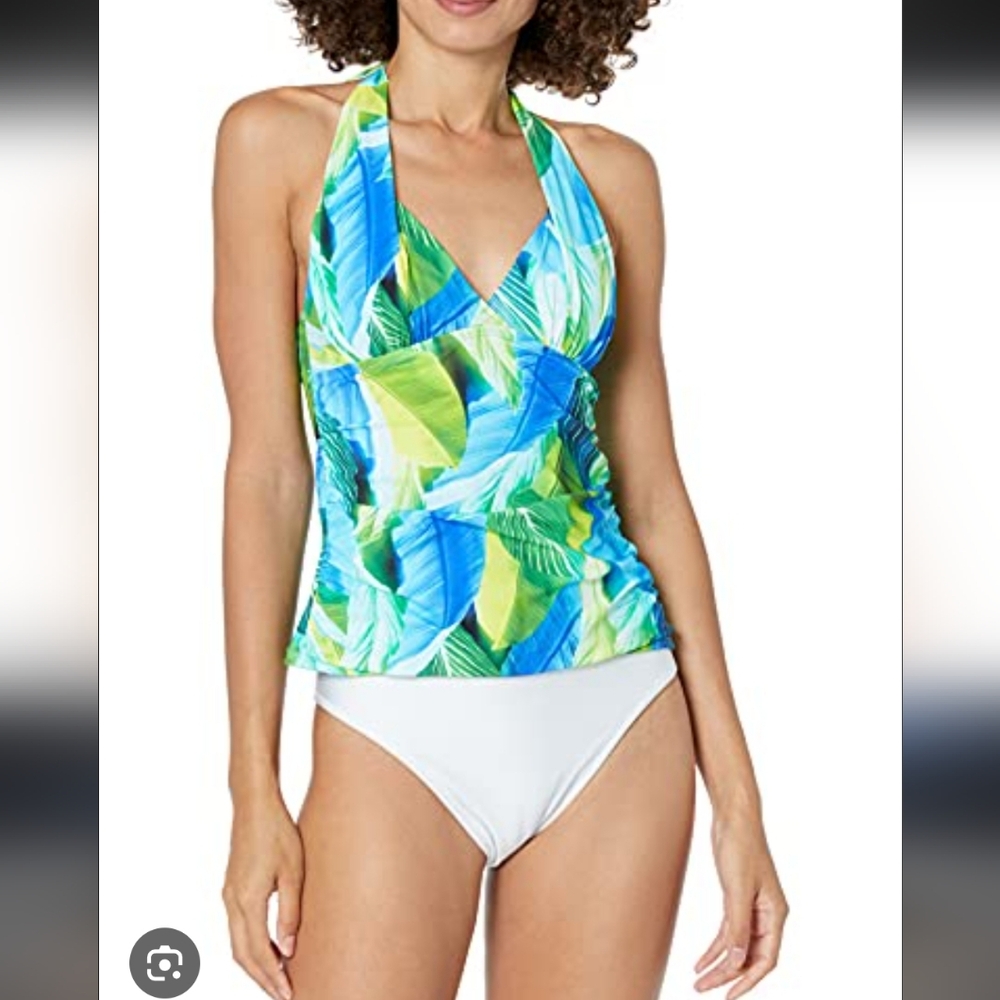 LA BLANCA In The Moment Goddess Tankini Swim Top Size 8 Halter Tropical Foliage